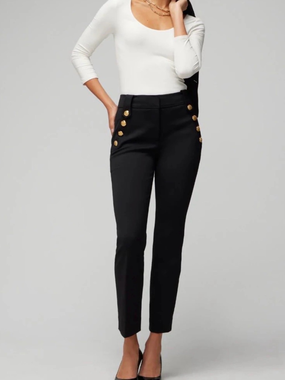 White House Black Market Black Jolie Button Straight Ankle Pant Gold Buttons